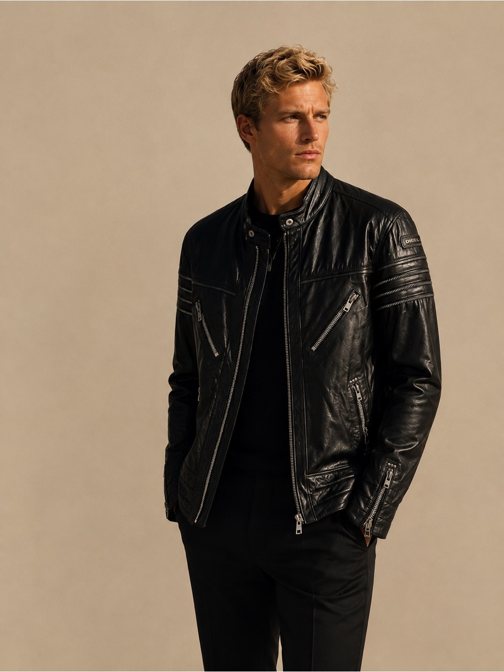 Diesel Black 100% Genuine Sheep Leather Moto Jacket